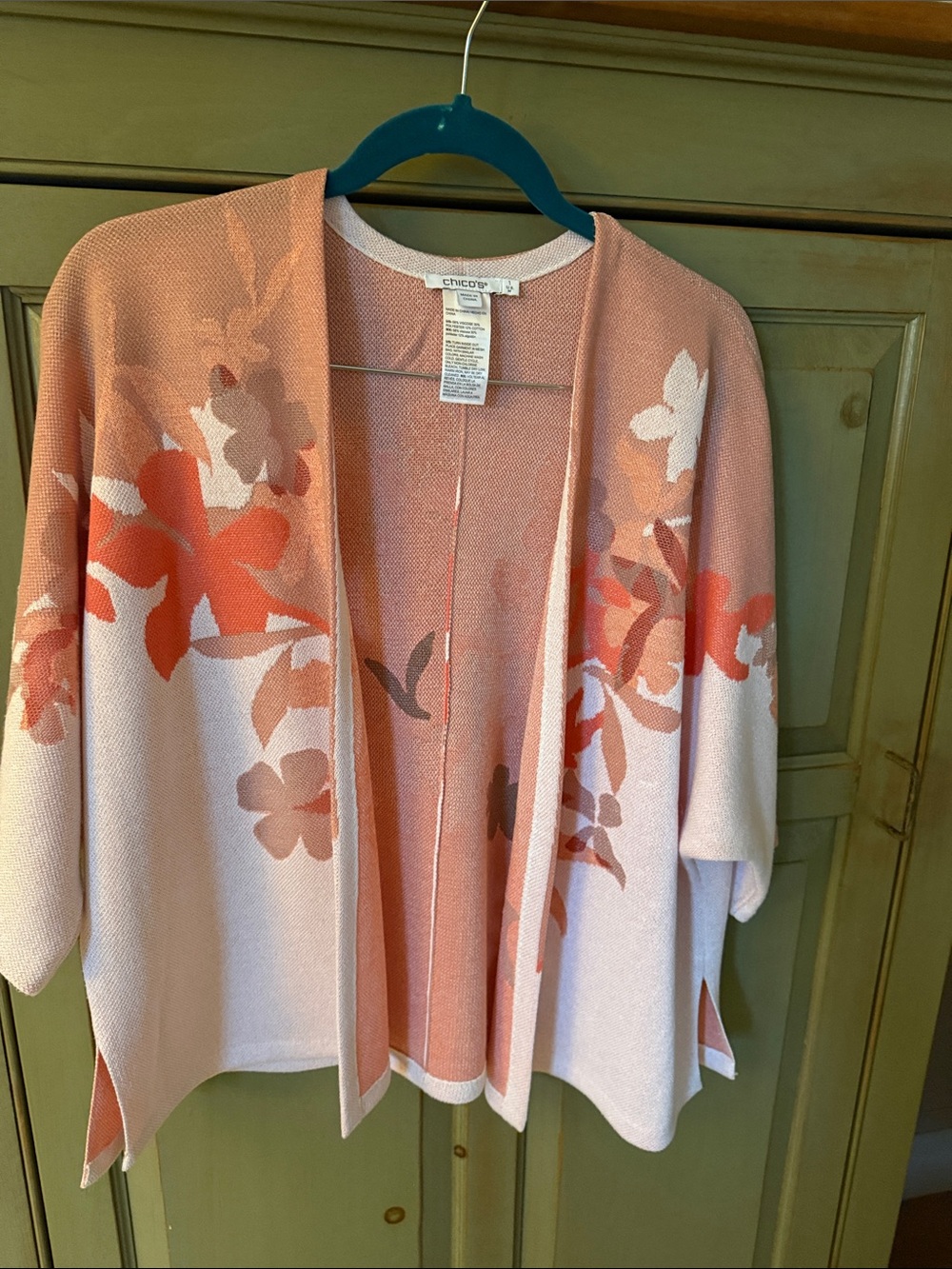 Chico's Coral and Cream Floral Open-Front Cardigan